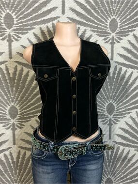 Vintage Black Suede Leather Vest Contrast Stitch Western Y2K Moto L